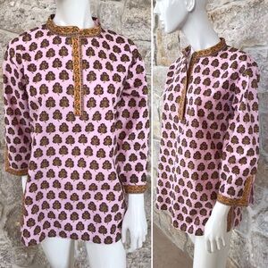 Vintage 1970s Pale Pink Cotton Tunic with Floral Print and Side Slits